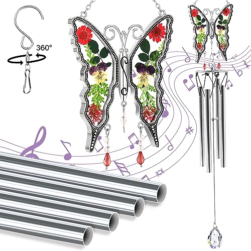 KY&BOSAM Wind Chimes Butterfly Wind Chimes for Outside Real Flower Outdoor Windchimes Gifts for mom Grandma Birthday Nana Gifts Garden Balcony Home Décor Wind Chimes with S Hook Memorial Wind Chimes