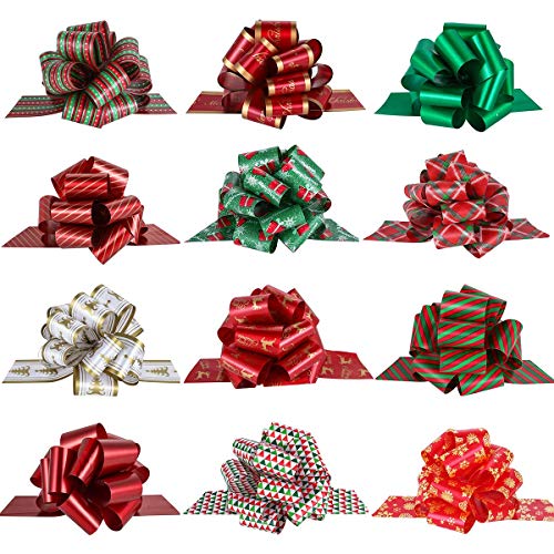 PintreeLand 12PCS Christmas Gift Bows, 5” Xmas Wrap Pull Bows with Ribbon Wrapping Accessory for Present, Florist, Bouquet, Basket Decor, Easy to Assemble