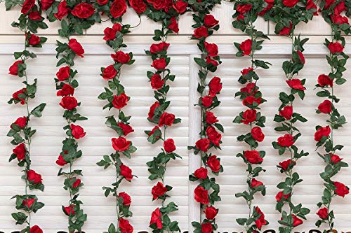 SWSTINLING 2 Pack (16FT) Artificial Rose Vine Flowers Plants Fake Flower Vine for Wedding Home Party Garden Craft Art Decor Red