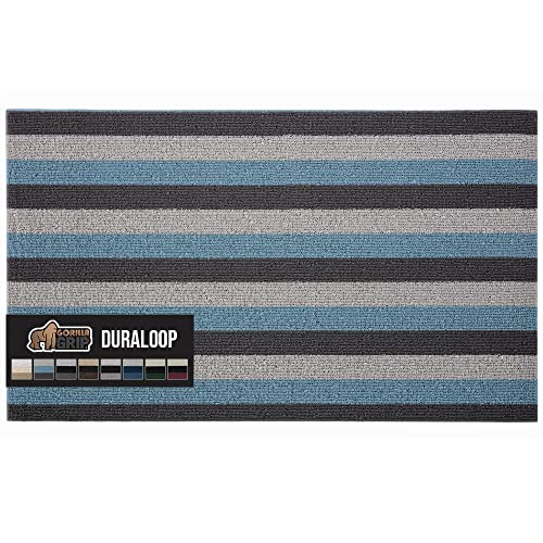Gorilla Grip Heavy Duty Striped Doormat, Thick Bristles, Crush Proof Texture, Catches Dirt from Shoes, Strong Backing, Easy to Clean, Indoor and Outdoor Entrance Mats, 24x16, Turquoise and Gray
