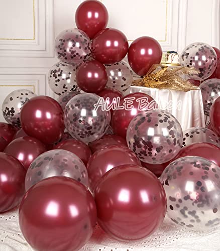 AULE Party Balloons Pack of 42 - Metallic Burgundy Balloons and Confetti Latex Helium Balloons With 64ft Ribbons - 12 Inch Mroon Chrome Balloon Decoration Set