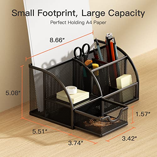 Pipishell Mesh Desk Organizer Multifunctional Desktop Office Supplies Holder with 6 Compartments and 1 Drawer for Home School Classroom
