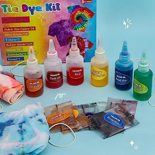 Meland Tie Dye Kit with 3 White T-Shirts, 18 Colors DIY Fabric Tye Dye for Clothes, Arts and Craft for Kids Girls Age 8-12 Year Old, Birthday Christmas Gift for Girls 4,5,6,7,8,9,10,11,12 Year Old