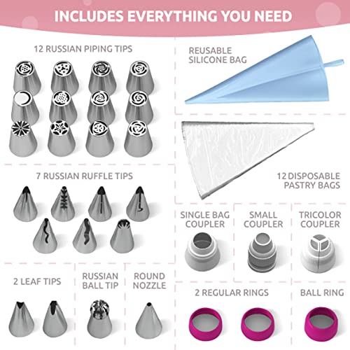 Premium Russian Piping Tips Cake Decorating Complete Set - 42pcs Baking Supplies Kit with Storage Gift Box - 12 Russian Tulip Icing Piping Nozzles - Flower Shaped Frosting Nozzles Kit