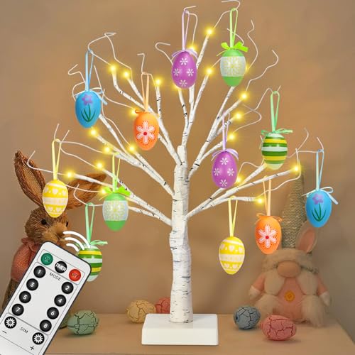 24" Easter Lighted Birch Tree with 12pcs Ornaments,Warm White LED Birch Tree Light Tabletop Artificial Tree 8 Lighting Modes USB or Batteries Operated with Timer for Easter Decor
