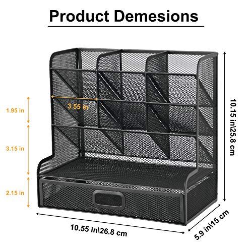 Marbrasse Mesh Desk/ Desktop Stationary Organizer, Multi-Functional Pen Holder, Storage Rack for School Home Office Art Supplies (Black Mesh Pen Holder with Drawer)