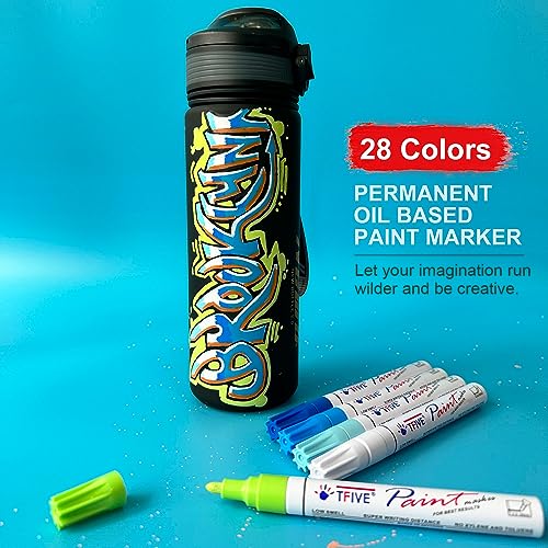 28 Color Paint Markers Pens Set, Oil-Based Permanent Paint Marker, Medium Tip, Quick Dry and Waterproof Paint Pen for Rock Painting, Ceramic, Wood, Fabric, Plastic, Canvas, Glass, Mugs, Scrapbooking