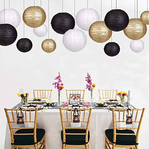Paper Lanterns Decorative, Round Hanging Paper Lanterns Decorations for Wedding Graduation Anniversary Birthday Party Supplies Black/Gold/White 15pcs