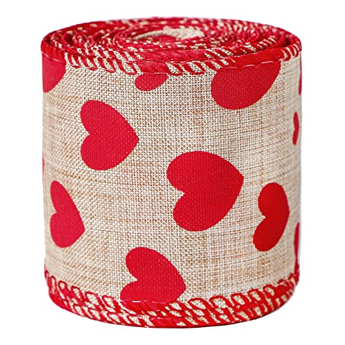 Red Heart Printed Valentine's Day Burlap Ribbon Wired Edge Ribbon- 2.5" x 5.5 Yards
