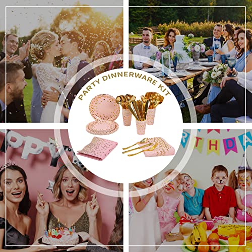 Dn Dennov 168PCS Pink and Gold-Pastel Party Supplies, Severs 24 Disposable Party Dinnerware Include Paper Party Plates, Cups, Napkins, Straw, Wooden Fork Spoon for Wedding,Christmas (Pink and Gold)