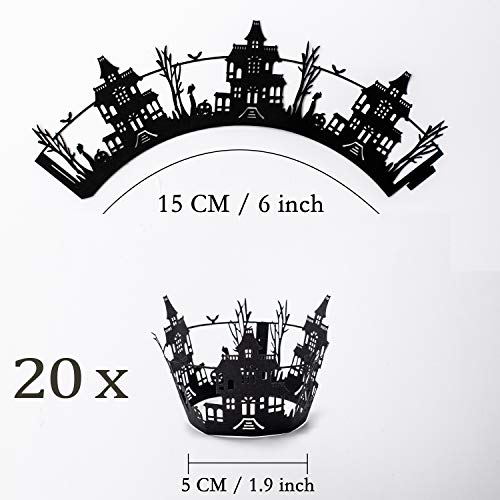 Whaline 60 Pack Halloween Cupcake Wrappers Spiderweb/Witch/Castle Laser Cut Paper Liners Holders for Halloween Party Wedding Birthday Decoration (Black)