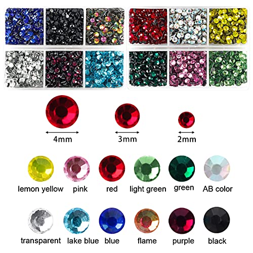 OUTUXED 5400pcs Multicolor Rhinestones 12 Mixed Color Hotfix Rhinestones Flatback Gemstones and Crystals for Halloween Costume Accessories, Crafts with Tweezers and 2 Picking Pens