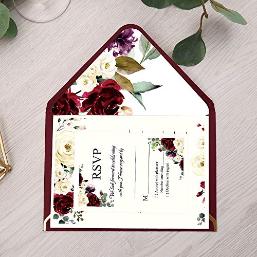 DORIS HOME 25pcs Burgundy Fill-in Invitations Cards with Burgundy Rose and Envelope with Gold Border for Wedding,Engagement Invite