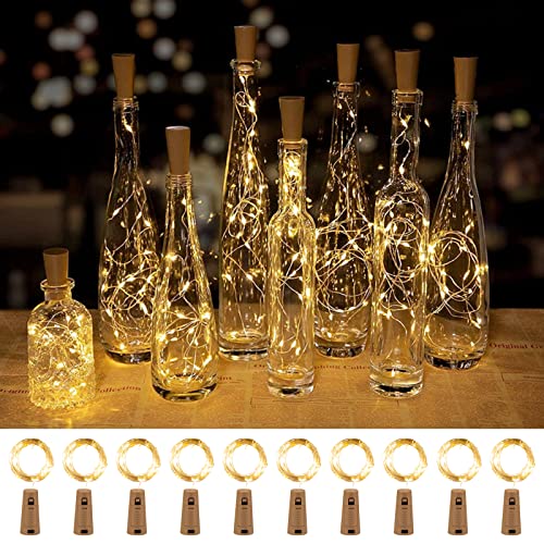 Wine Bottle Lights with Cork, 10 Pack 20 LED Waterproof Battery Operated Cork Lights, Silver Wire Mini Fairy Lights for Liquor Bottles DIY Party Bar Christmas Holiday Wedding Déco