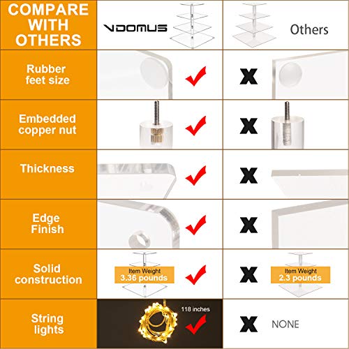 Vdomus 4 Tier Acrylic CupCake Stand Pastry Stand with LED String Lights Dessert Tree Tower Cake Pyramid for Birthday Wedding Party Babyshower Christmas, Holds up to 50 Cupcakes (Warm)