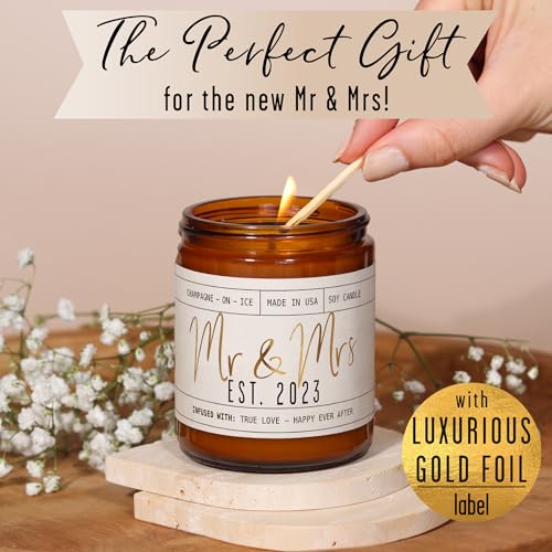 Wedding Gifts for Couples 2023, Mr and Mrs Gifts - 'Mr & Mrs Est. 2023' Candle, w/Champagne on Ice I Unique Newlywed Wedding Gifts for Couple I Wedding Shower Gifts Bride & Groom I 50Hr Burn,USA Made