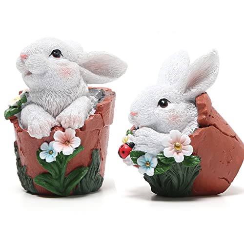 Hodao Easter Bunny Decorations Spring Home Decor Bunny Figurines(Spring Flower jar White Rabbit 2pcs)