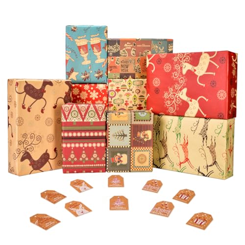 SmoTecQ Christmas Gift Wrapping Paper, Made from Recycled Kraft Paper, 10 Pack 70X50CM Folded Sheets with 10 Gift Tags