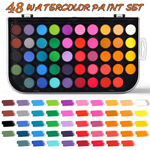 AROIC Watercolor Paint Set, with a Watercolor Paint, 48 Color, a Brush and a Refillable Water Brush Pen. The Best Gift for Beginners, Children and Art Lovers.