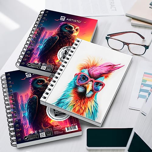 ARTISTO 5.5X8.5” Premium Sketch Book Set, Pack of 3 (300 Sheets), 68lb (100g/m2), Spiral Bound, Acid-Free Drawing Paper, Perfect for Most Dry Media