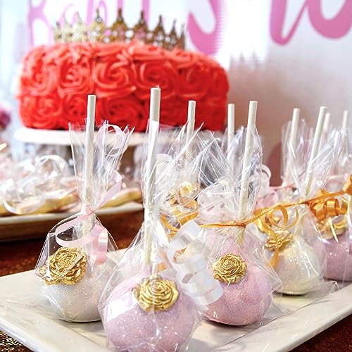 360pcs Cake Pop Sticks and Wrappers Ties Kit, Including 120ct 6-inch Paper Lollipop Sticks, 120ct Cake Pop Parcel Bags, 120ct Gold Twist Ties for Candy Making Packaging Supplies