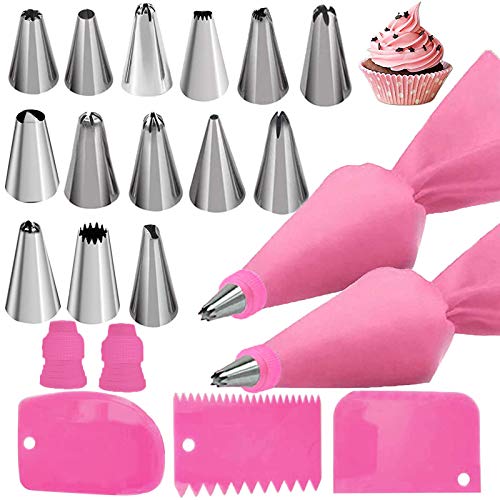 Silicone Icing Piping Bag,Reusable Cream Pastry Bag and 14× Stainless Steel Nozzle Set DIY Cake Decorating Tool(14×Nozzle, 2×Icing Cream Pastry Bag and 2 X Converter and 3×Scraper) [Energy Class A+]