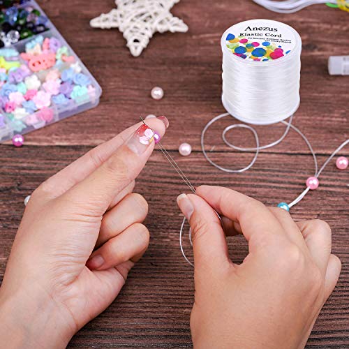 Stretchy String for Bracelets, Anezus Elastic String Jewelry Bead Cord with 2pcs Large Eye Beading Needles for Seed Beads, Pony Beads, Bracelets and Jewelry Making White