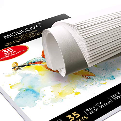 MISULOVE Watercolor Pads, 9x12", Glue Bound, Acid-Free Paper, 35 Sheets (140lb/300gsm), Art Sketchbook for Painting & Drawing with Most Wet & Dry Media, Ideal for Beginners, Artists & Professionals
