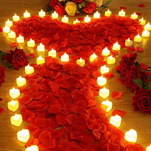 6000 Pieces Artificial Rose Petal with 72 Pieces Romantic Heart Led Candle Flameless Love Led Tealight Candle for Valentine's Day Romantic Night Anniversary Table Decor (Warm White Light)