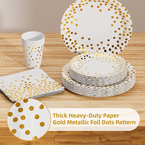 Dn Dennov 168PCS Pink and Gold-Pastel Party Supplies, Severs 24 Disposable Party Dinnerware Include Paper Party Plates, Cups, Napkins, Straw, Wooden Fork Spoon for Wedding,Christmas (White and Gold)