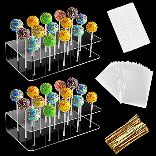 Zezzxu 2Pack Upgraded Acrylic Cake Pop Display Stand 15 Hole Clear Acrylic Lollipop Holder with 50Pcs Lollipop Sticks, 50Pcs Packaging Bags and 50Pcs Gold Metallic Twist Ties