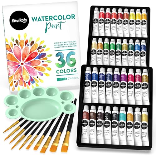 Chalkola Watercolor Paint Set for Adults, Kids, Beginner & Professional Artists - 36 Watercolor Tubes Set (12ml, 0.4oz), 10 Painting Brushes & 1 Palette | Vibrant Water Color Art Painting Supplies