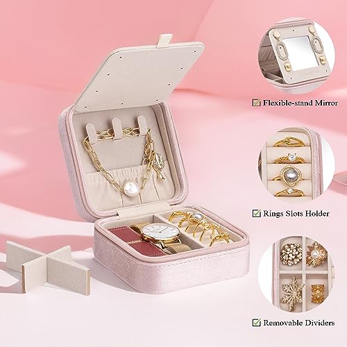 Vlando Small Travel Jewelry Box Organizer Display Case for Rings Earrings Necklaces Storage, Selected Soft Velvet, Letter J Engraved, Pink