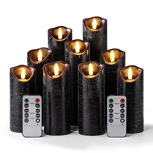 Pandaing Set of 9 Black Regular Textured Flameless Candles Battery Operated LED Real Wax Flickering Electric Candles with Remote Control Timer for Wedding Birthday Halloween Christmas Decorations