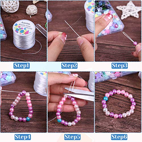 Stretchy String for Bracelets, Anezus Elastic String Jewelry Bead Cord with 2pcs Large Eye Beading Needles for Seed Beads, Pony Beads, Bracelets and Jewelry Making White