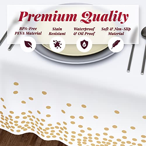Prestee White/Gold Tablecloths, 4pk, 54"x108" - Gold Dot Disposable Tablecloths - Plastic Table Cloth Disposable - White Tablecloths - BBQ, Party, Fine Dining, Wedding, Communion, Baptism Decorations