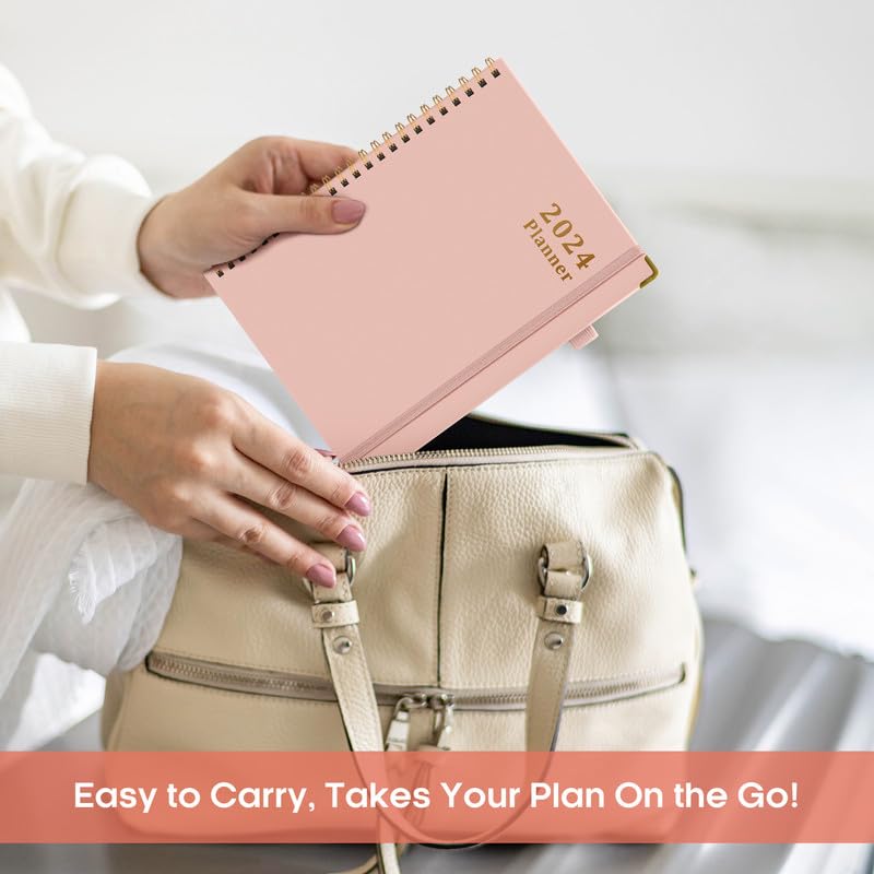2024 Planner - Weekly and Monthly Planner Spiral Bound, Jan 2024 - Dec 2024, A5 (6.7" x 8.6"), Planner 2024 with Tabs, Inner Pocket, Helps To Keep Track Of Tasks - Pink