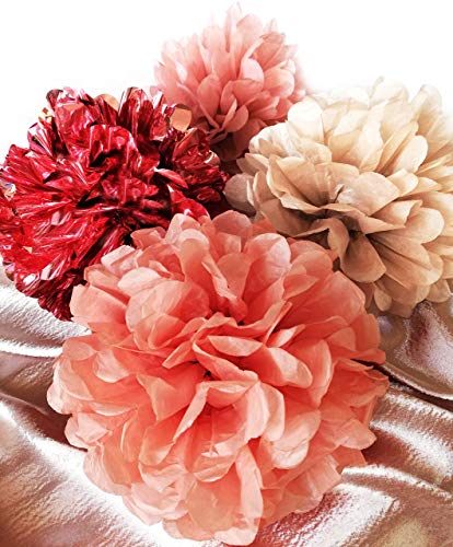 20 PCS Rose Gold Party Decorations - Metallic Foil and Tissue Paper Pom Poms - Birthday Party Decoration - Baby Shower - Bridal Shower - Bachelorette - Garden Party - 14", 10", 8", 6"