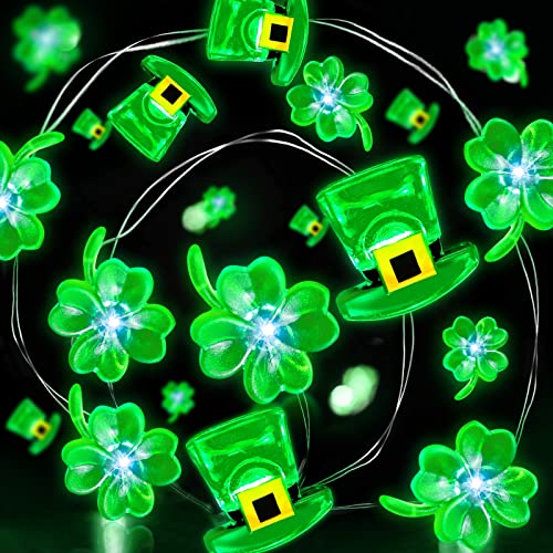 [ Timer ] Shamrocks Leprechaun Hat Lights St. Patrick's Day Decorations 10Ft 40LED Green Lucky Clover Fairy String Lights Battery Power Irish St.Patrick's Decoration Indoor Outdoor Home(Hat Shamrocks)