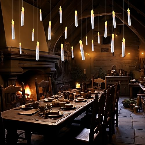 Set of 24 Flamelesss LED Taper Candles with Warm White Flickering Flame Light, Battery Operated Floating Candles, LED Taper Handheld Candlesticks for Church Party Halloween Decorations