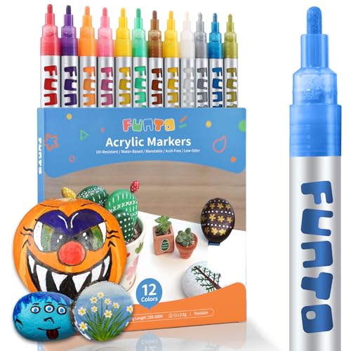 Funto Acrylic Paint Pens for Rock Painting, Fabric, Wood, Canvas, Metal, Ceramic, Glass, Scrapbooking Craft,12 Colors Paint Marker Set, Medium Tip, Non-Toxic, Quick Drying