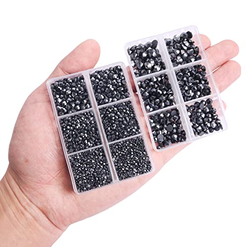 Nibiru 6616pcs Hotfix Rhinestones 5 Mixed Sizes FlatBack Crystal Rhinestones for Crafts Round Glass Gems with Tweezers and Picking Rhinestones Pen(Hematite Black)