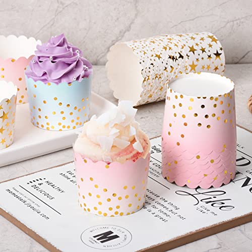 Party Hippo Cupcake Cups, 4.5 Oz 25 pcs Disposable Foil Muffin Liners, Gold Cupcake Baking Cups, Baking Cups (Gold Dots Pink)