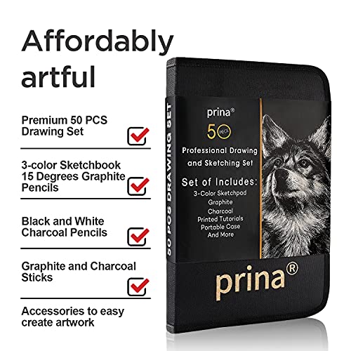 Prina 50 Pack Drawing Set Sketch Kit, Pro Art Sketching Supplies with 3-Color Sketchbook, Graphite, and Charcoal Pencils for Artists Adults Teens Beginner Kid, Ideal for Shading, Blending