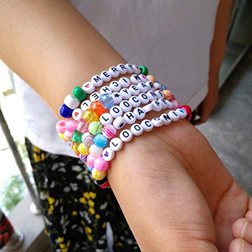 Amaney 1400 Pieces Letter Beads A-Z and Elastic Line Heart Beads 4x7mm White Round Acrylic Alphabet for Jewelry Making Bracelets Necklaces Key Chains