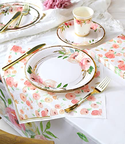 Floral Paper Plates and Napkins Party Supplies - Serves 16 - Flower Plates Floral Party Cups Knifes Forks Floral Baby Shower Decorations for Girl Pink and Gold Bridal Shower Tea Party Birthday