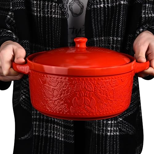 Ceramic Casserole Dish - Baking Dish Bowl Oven Safe With Lid & Handles - Covered Glass Cookware Essential For Kitchen - For Baking Dessert & Brownies, Soup - Round Bakeware for Serving Dishes