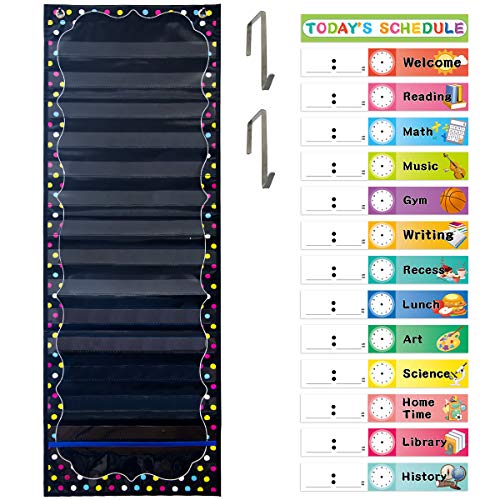 Daily Schedule Pocket Chart Educational Pocket Chart for Classroom Office Home Teachers Preschool Activity Supplies 15 Pockets 14 Double-Sided Reusable Dry-Eraser Card 13 x 37 Inches