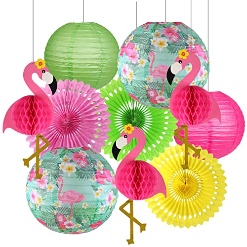Flamingo Party Decorations, Hawaiian Party Supplies Flamingo Palm Leaves Hibiscus Flowers Paper Lanterns Flamingo Honeycomb Tissue Paper Fans for Luau Birthday Party Home Decorations (Hot Pink)