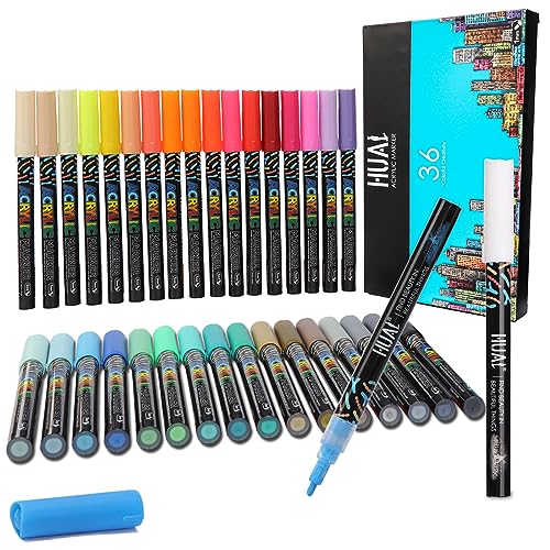 HUAL Acrylic Paint Markers Paint Pens 36 Colors, Premium Medium Tip Acrylic Paint Pens for Rock Painting,Stone, Glass, Wood, Fabric, Canvas, Metal, DIY Crafts Making, Non-Toxic and No Odor